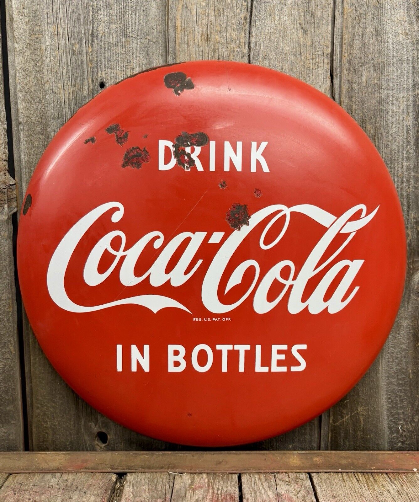 Vintage 50's DRINK Coca-Cola IN BOTTLES 24" Porcelain Advertising Button Sign