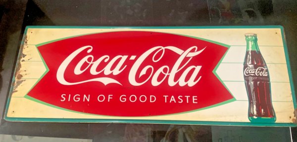 RARE 1950s COCA-COLA " FISHTAIL Metal SIGN