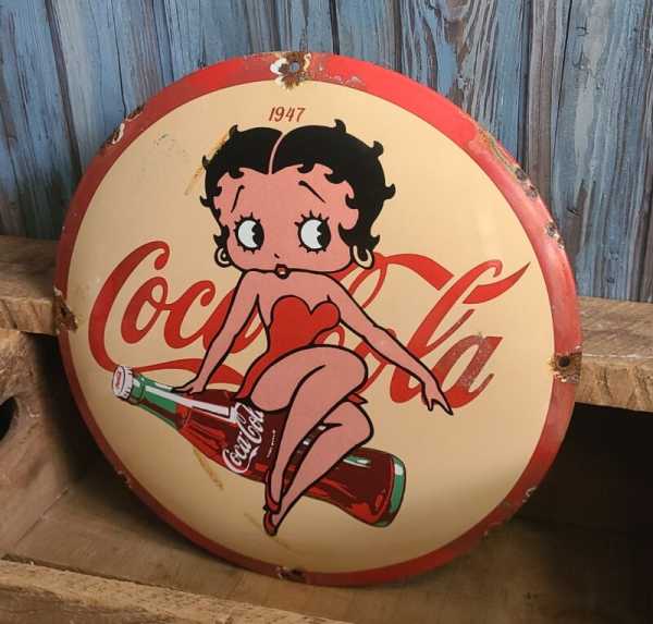 Vintage Coca Cola Betty Boop Porcelain Metal Soda Pop Coke Button Sign
