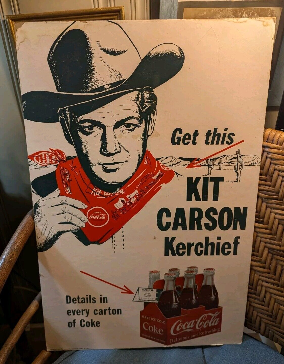 Original Coca Cola Cardboard Counter Sign Kit Carson Kerchief Offer