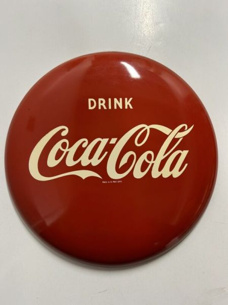 Vintage 1940-50's Drink Coca Cola 12"  Metal Button Sign "Reg. U.S. Pa. Off."