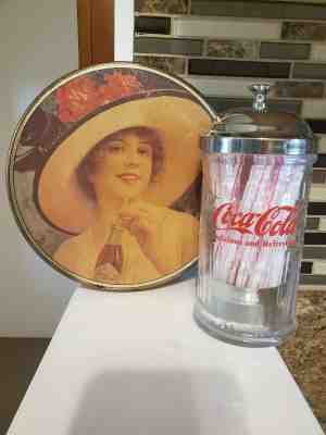 Lot of 2 Coca-Cola Round Tin and Coco- Cola Straw Holder