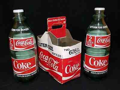 WOW 2 Liter COKE Coca-Cola GREEN GLASS BOTTLES twist cap + CARDBOARD CARRIER