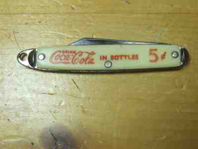 VTG USA COCA COLA COKE BOTTLES 5 CENTS KNIFE ONE BLADE KEY CHAIN RING SLIGHT USE