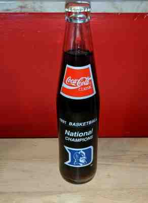 Vintage 1991 NCAA Duke Basketball National Champions Coke Cola Glass Full Bottle