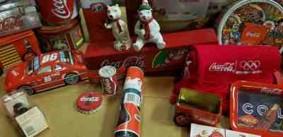 HUGE COCA COLA LOT GLASSES CARS SNOW GLOBES HATS TIN CANS US CHINA JAPAN CLOCK 