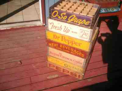7 Vintage Wood Soda Crates lot Royal crown, O so Grape, Dr Pepper, Pepsi Variety