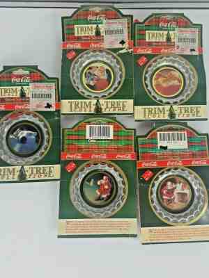 Coca Cola Vntg 90's Bottle Cap Christmas Ornament Trim a Tree Plastic lot of 5
