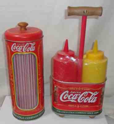 COCA-COLA COKE DRINKING STRAW TIN AND MUSTARD & KETCHUP BOTTLE HOLDER  
