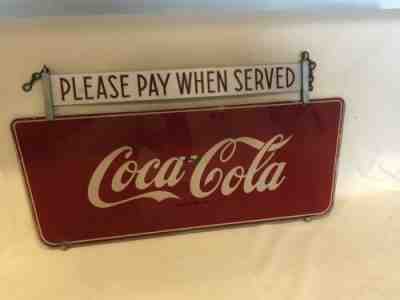VINTAGE ORIGINAL  PAINTED GLASS COCA COLA Hanging Cashier SIGN Exc Cond.