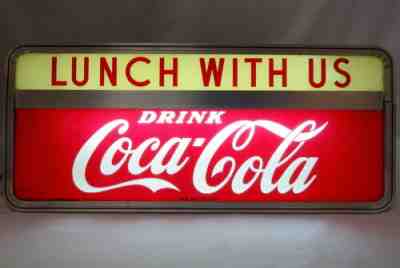 Vintage 1950s Coke Coca Cola Lighted Light-Up Lunch With Us Glass Metal Sign