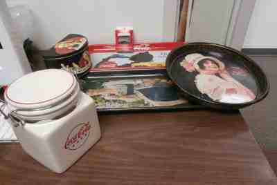 Vintage Coca Cola Collection of collectibles - trays, opener, canisters