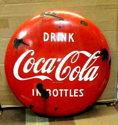 Original Large 1950's Coca Cola Button Enameled Sign 24 inch