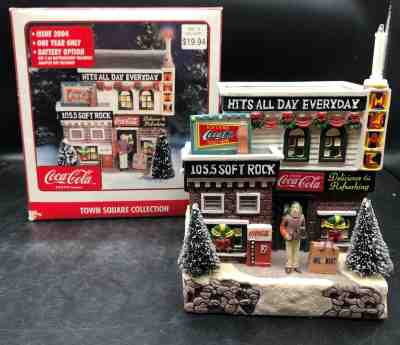 Town Square Coca Cola Christmas Snow Village 105.5 Soft Rock WWAL Radio W/ Box