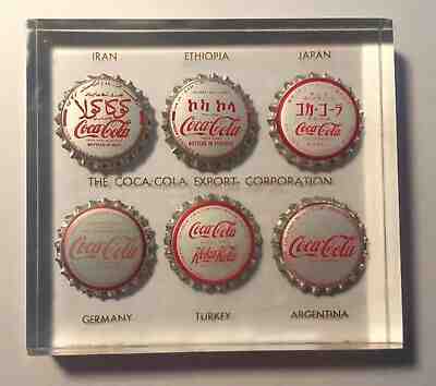 Coca-Cola 1960s Export Bottle Caps Encased In Lucite Paperweight Display