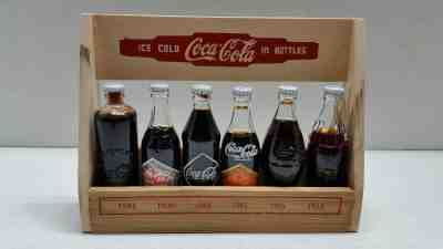Rare Coke Six (6) Mini Glass Bottles With Wooden Carrier