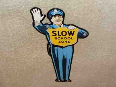 VINTAGE COCA COLA COP SLOW SCHOOL ZONE 9" PORCELAIN METAL SODA POP GAS OIL SIGN!