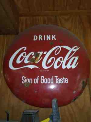 Original Large 1950's Coca Cola Button Enameled Sign 24 inch
