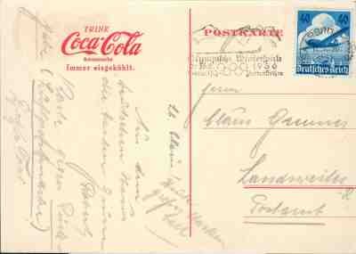 Dt.Reich Mi.603 EF single on rare Coca-Cola card 1936 in17
