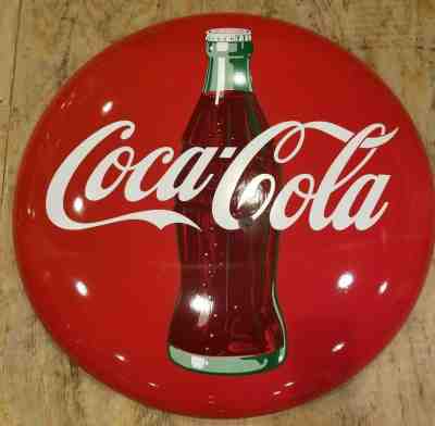 1950s 36" Porcelain Coca Cola Button Sign soda pop advertising Coke gas station