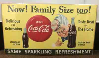 1955 Coca-Cola Now! Family Size Too ! 36”x20” Original Window Litho New Unused