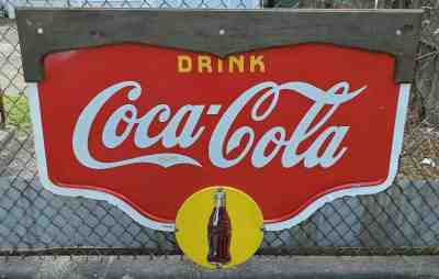 Vintage Coca Cola Double Sided Porcelain Die Cut Sign Yellow Bottle Buttons 1939