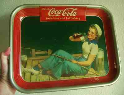 VINTAGE COCA COLA TRAY, 1940 GIRL FISHING