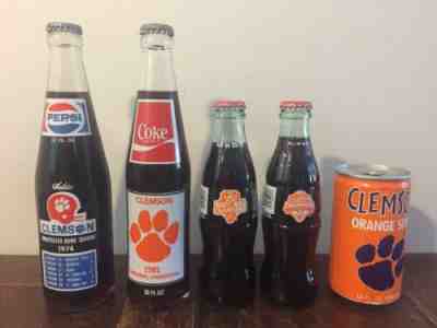 Clemson Coke 1981, 2016, 2018 & Pepsi 1974 Bottles + 1982 Orange Soda Can Lot 5