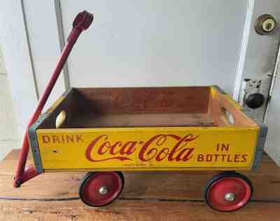 Vintage Yellow Red Coke Coca-Cola Advertising Wooden Bottle Crate Wagon Toy