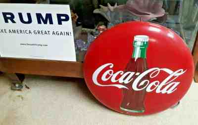 1950'S COCA COLA PORCELAIN BUTTON SIGN SODA POP BOTTLE BUTTON GAS OIL 24 INCH