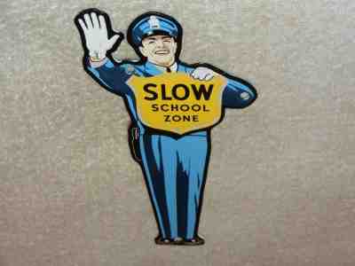 VINTAGE COCA COLA COP SLOW SCHOOL ZONE 9" PORCELAIN METAL SODA POP GAS OIL SIGN!