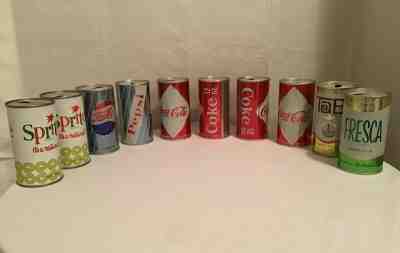 LOT of 10 Vintage Soda Cans - Coca Cola, Pepsi, Tab, Sprite, Fresca