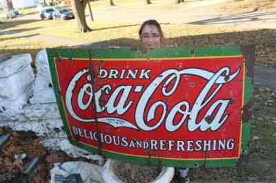 Large Vintage 1932 Coca Cola Soda Pop Gas Station 60" Porcelain Metal Sign