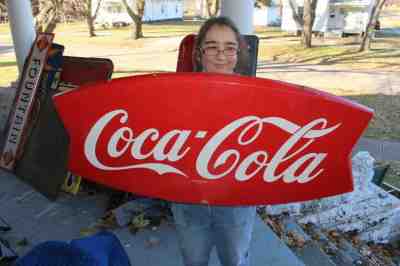Large Vintage 1963 Coca Cola Fishtail Soda Pop Gas Oil 42" Embossed Metal Sign