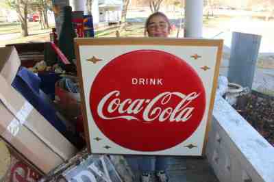 Large Vintage 1957 Coca Cola Soda Pop Gas Station 36" Embossed Metal Sign