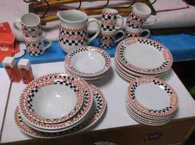 Coca Cola red& black checkersd 36 piece diner 6 servings set incl serving dishes