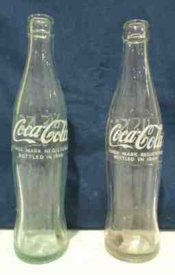 Lot of 2 Glass Coca-Cola bottles bottled Iran, one clear, one green glass 9 3/4"