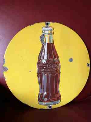 1930'S COCA-COLA YELLOW COKE BOTTLE BUTTON ENAMEL PORCELAIN SIGN- RARE VINTAGE!!