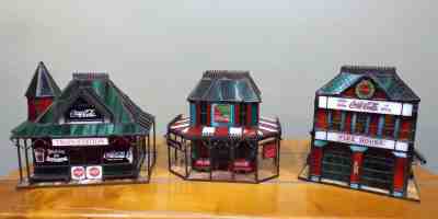 3 Franklin Mint Coca-Cola Stained Glass Lighted Houses Victorian, Fire, Train