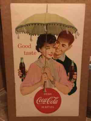 1957 Drink Coca Cola In Bottles Litho Cardboard Sign 27x16 Good Taste