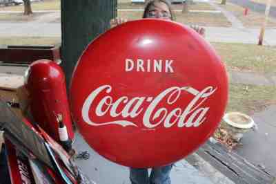 Large Vintage 1953 Drink Coca Cola Soda Pop Gas Station 36" Curved Button Sign