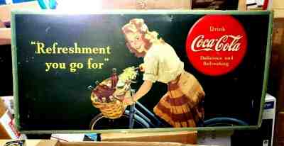Original Large 1944 Coca Cola "Refreshment you go for" Cardboard Sign 57x28 inch
