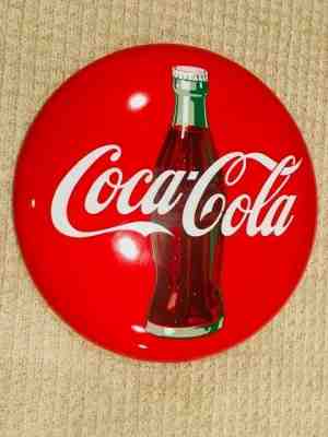 1950s 24" Porcelain Coca Cola Button Sign soda pop advertising Coke gas station