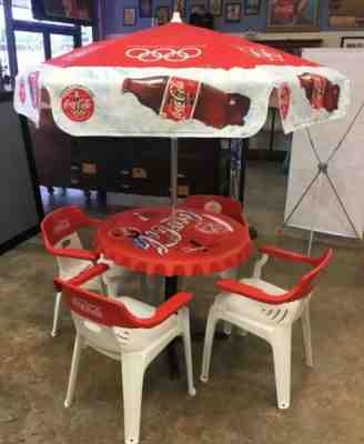 RARE ~ VTG 1996 OLYMPIC COCA COLA BOTTLE TOP PATIO TABLE, 4 CHAIRS & UMBRELLA