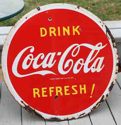 1941 Drink COCA COLA 2 Sided Round 29.5" Porcelain Sign   Lollipop