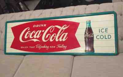 Drink Coca Cola Ice Cold 1960s Horizontal Fishtail Bottle Advertising Soda Sign