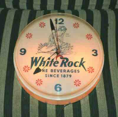 1960's White Rock Soda Lighted Advertising Clock w Angel On Rock Logo Works Nice