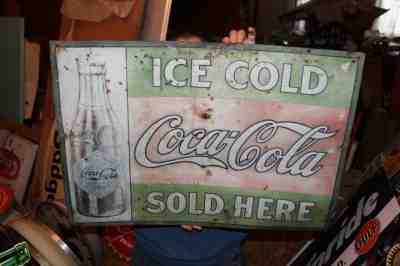 Rare Vintage 1914 Coca Cola Soda Pop Gas Oil 27" Embossed Metal Sign