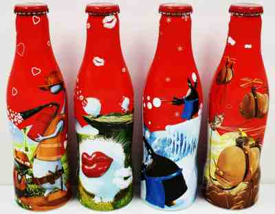 *X HTF! Full Happiness Factory Aluminum Coca Cola 4 Bottle Set Alu Coke Benelux