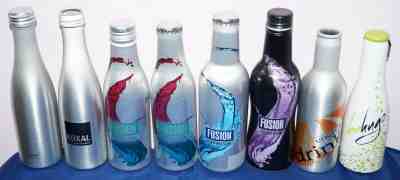 7 Different aluminium TEST PRINT bottles Boxal, Rexam, Pechiney + 1 wine bottle